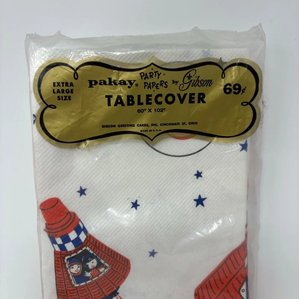 Vintage 1950s Tablecover Happy Birthday Party Rocket Atomic Saturn Outerspace Pr